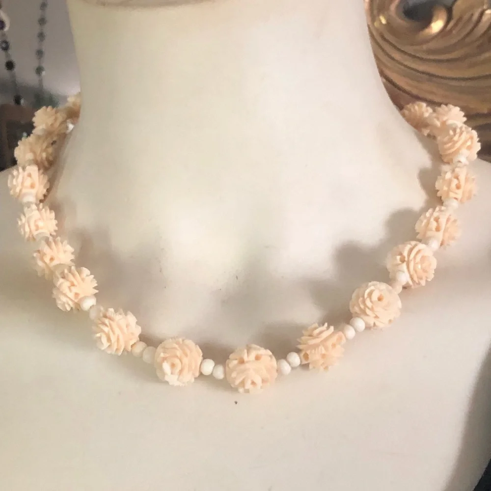 Antique Carved Roses Ivory Necklace